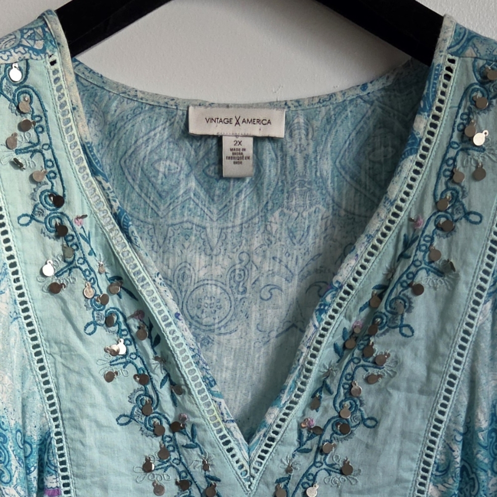 Vintage America Embellished Blue Cotton Blend Tunic Top Size 2X - Picture 12 of 12